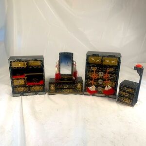 Vintage Japanese 4 Piece Match Black Lacquer Miniature Dollhouse Furniture Set